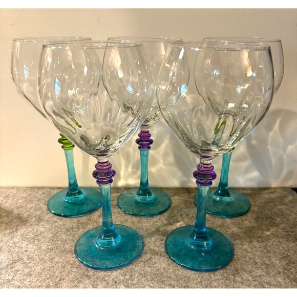 5 Multi Colored Stemmed 7.75" Wine glasses # 2859 - Picture 1 of 7